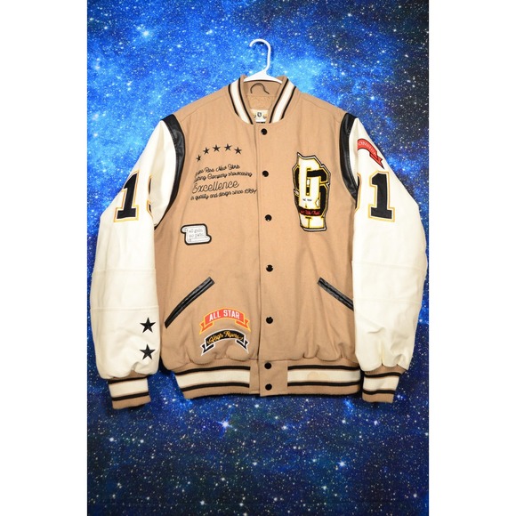 smoke rise ny Other - Smoke Rise Varsity‎ Jacket Mens 2XL Tan White Letterman Quilted Snap Patches